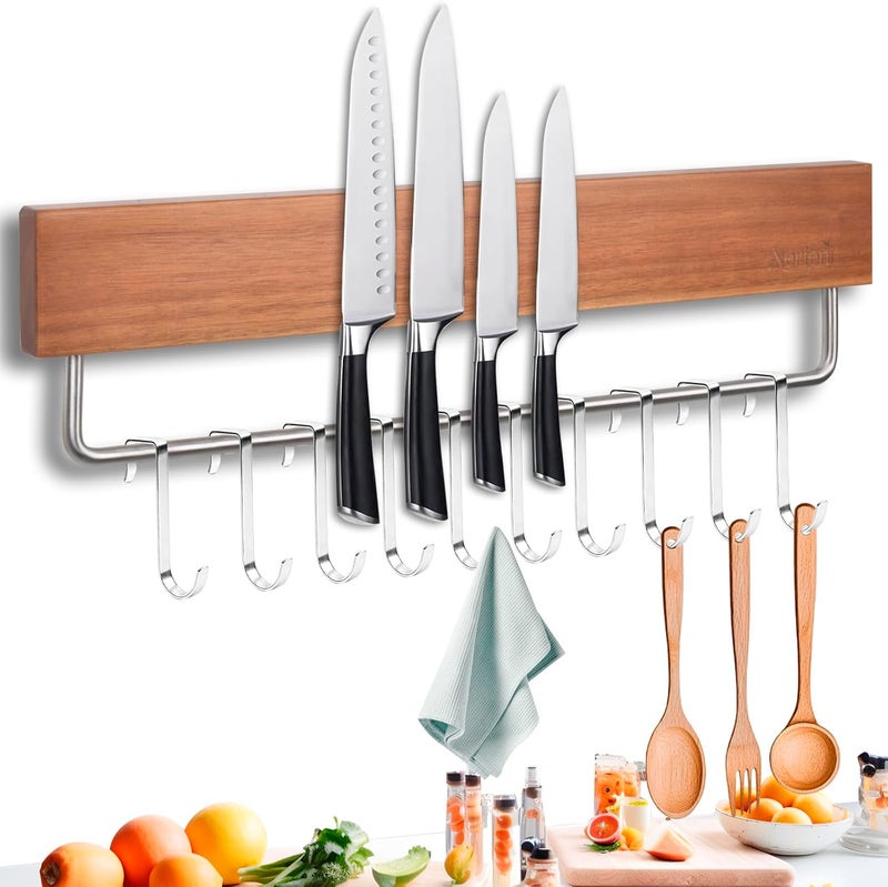 Nerien Magnetic Knife Holder Strip for Wall - 17" Acacia Wood Knife Magnetic Strip with 10pcs Hooks, No Drilling Knives Magnet Block Rack, Magnet Knives Storage Holders for Kitchen Utensil Organizer - Image 1